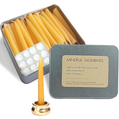 Meditation Beeswax Taper Candles Set, 20 Minute Pure Beeswax Mini Prayer Candles, 30 pcs Small Wishing Candle with Brass Candle Holders for Home Yoga - color: Beeswax, size: 30 Pack
