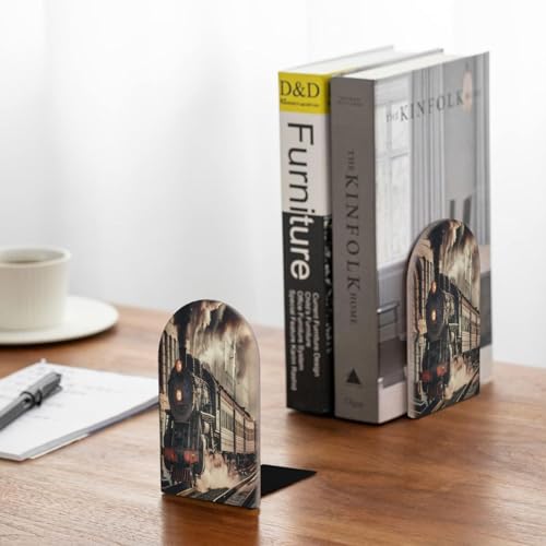 Decorative Bookends 2 Pcs Retro Black Steam Train Wood Bookends for Shelves Heavy Books Kids Non-Skid Book Ends Stoppers for Office Desk Kitchen School - color: Retro Black Steam Train