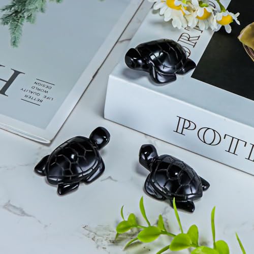 Artistone 2" Gemstone Sea Turtle Figurine, Hand Carved Natural Crystal Healing Animal Hawksbill Sculpture Paperweight Home Office Decor (Black Obsidian) - color: Black Obsidian