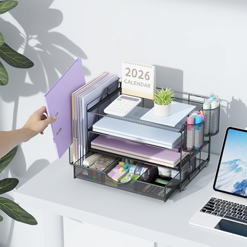 gianotter Desk Organizers and Accessories with File Holder, 4-Tier Desk Accessories & Workspace Organizers with Drawer and 2 Pen Holder, Paper Organizer for Office Supplies (Black) - color: Black