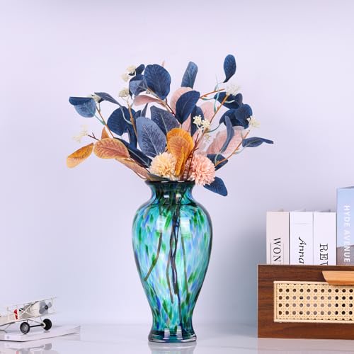 Hand Blown Glass Vase 11.8" Tall Beautiful Turquoise Sea Wide Mouth Bud Vase for Table Centerpiece, Painted Colorful Murano Glass Flower Vases for - Home Entrance Wedding Center - color: Turquoise
