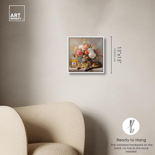 Art Remedy Cat Floral Vase Perfume Canvas Fashion Pet Art, White Frame, 12" x 12" - color: White Frame, size: 13"L x 13"W