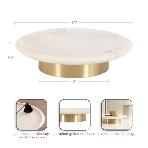 Kate and Laurel Sevienne Modern Glam Round Marble Tray, 10 Inch Diameter, White and Gold, Contemporary Scooped Pedestal Tray for Use as Entryway Tray Catchall or Small Coffee Table Tray