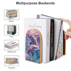 Dolphins Art Bookends for Shelves, Heavy Duty Wood Book Ends Decorative Book Holder for Bookshelf, Rustic Office Classroom Library Home Decor, 1 Pair (4.7x6.7 Inch)