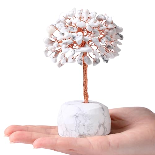 QINJIEJIE White Howlite Healing Crystals Tree Decor Natural Stone Crystal Reiki Gemstone Base Copper Wire Money Tree of Life Home Office Decor Spiritual Energy Feng Shui Good Luck Gift - color: White Howlite, size: 5.2 in