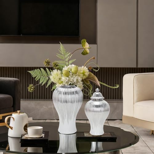 Ginger Jar, White Gold Ceramic Vase Large Handmade Porcelain Vases with Lid, White Gold Decorative Flower Vase for Home, Living Room, Weddings, Centerpieces (B-Silver-Medium) - size: B-Silver-Medium
