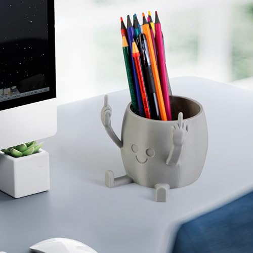 Funny Pen Holder, Middle Finger Figurine Pencil Holder for Office Desk Decor, 3D Printed, grey, Durable and Fun Gift Idea - color: Gray, size: Hand Gesture