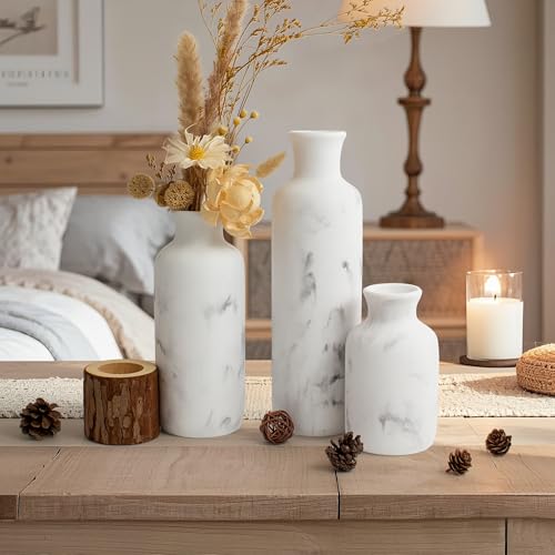 Resin 3 Piece Vase Set, Farmhouse Decor, Home Decorative Vase, Vases for Your Kitchen, Bedroom, Office, Living Room, Bathroom, & Shelf Centerpiece Table Decorations, White Marble Look - color: White Marble Look