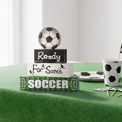 Smile Soccer Wooden Block Decor Set, 4-Piece Ready For Some Soccer Blocks & Soccer Ball Tiered Tray Tabletop Signs for Game Day & Sports Party Decorations - style: Goal