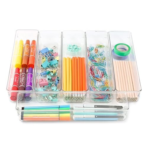 6 Set Clear Plastic Junk Drawer Organizer Vanity Curlery Utensil Makeups Organizer for Kitchen 12'' X 3'' - size: 6 Pack 12"x3" Clear Plastic