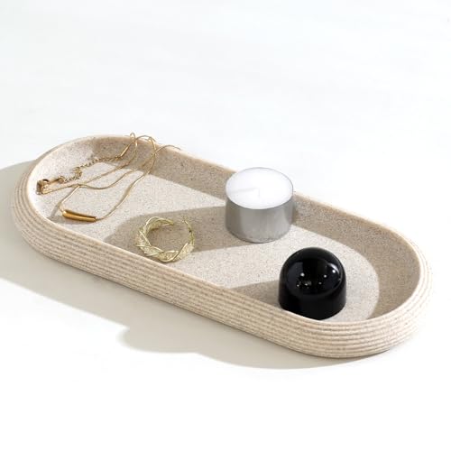 Jewelry Tray Bathtub, Resin Stone Look Decorative Perfume Tray, Bathroom Marble Vanity Organizer Plate Holder for Ring Soap Towel Small Things on Kitchen Sink Countertop (Beige, Medium) - color: Beige, size: 10.2" x 4.4" x 0.8"