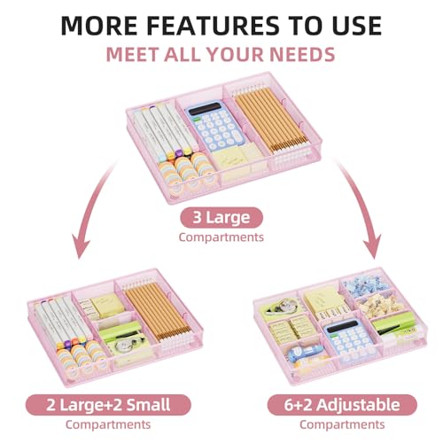 Marbrasse 2P Pink Desk Drawer Organizer, Metal Mesh Drawer Organizer Tray with 5 Adjustable Compartments,Desk Organizers and Accessories for Home,Office,Kitchen,Makeup,Vanity (Pink) - color: 2Pack Pink