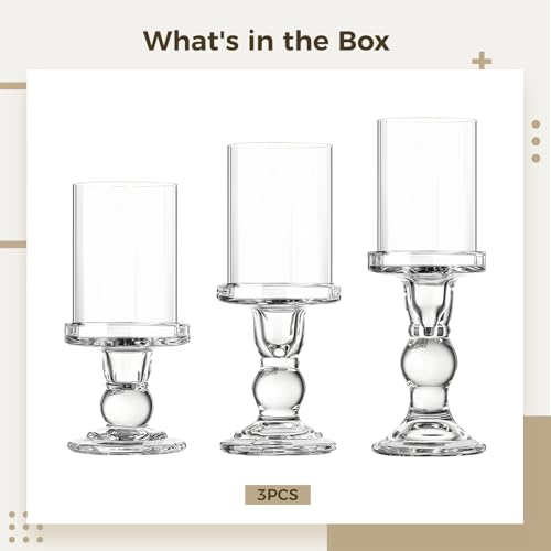 3 Pcs Modern Crystal Glass Hurricane Candle Holders Set, Elegant Roman Column Style with Windproof Glass Shades, Ideal for Pillar Candles, Wedding & Home Décor