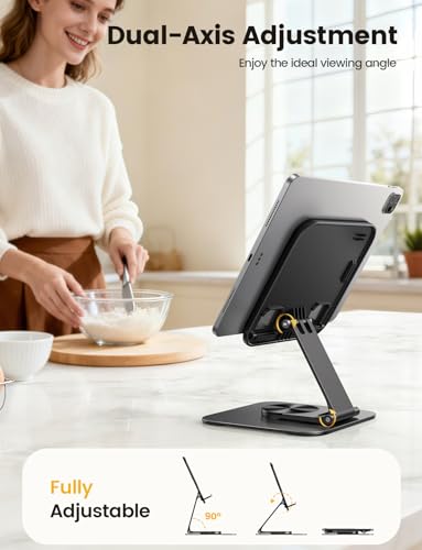 Lamicall Adjustable iPad Stand for Desk - [Ultra-Slim Foldable][360°Rotation] Tablet Stand with Heavy-Duty Base, Tablet Holder Gifts for 4.7-13" Devices, 2025 iPad Pro Air Mini, Kindle, iPhone 17 Pro - color: Black