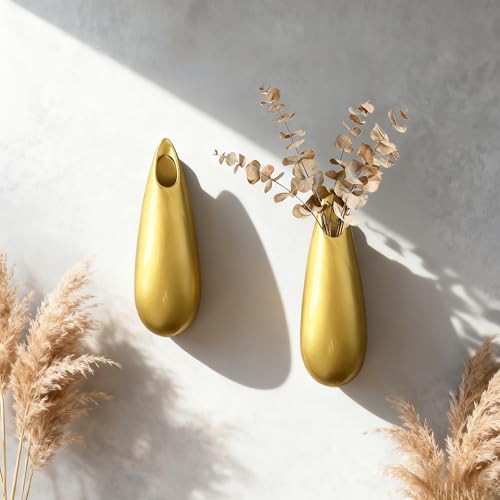 Sculptural Wall Ceramic Vase — 2 Pack Gold Hanging Sconce Vase | Turn Flowers into Art — Decorative Ceramic Wall Sconce for Single Stem Displays - size: 2pcs-Medium
