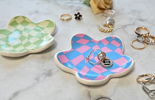 Teen Girls Gifts Trendy Stuff Preppy Room Decor Bedroom Decor Aesthetic Dorm Decor Aesthetic Stuff Checkered Jewelry Tray - style: Blue and Pink Wavy Checkered