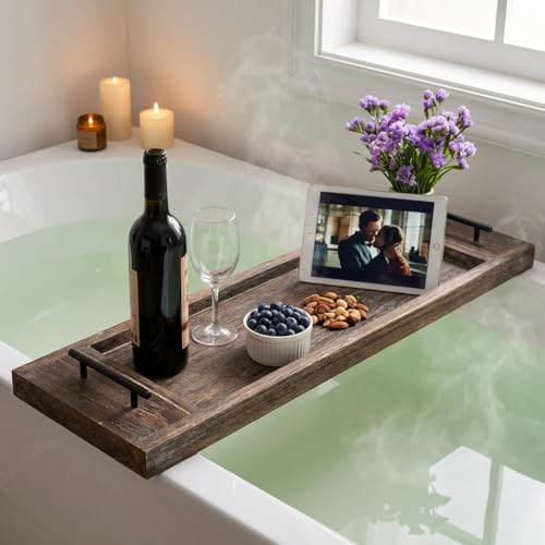Hanobe Bathtub Tray Bath Caddy: Wood Tub Trays Table Extra Large Rustic Bathtub Shelf Across Tub Wooden Serving Tray with Handles for Bathroom, 31"