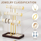 modern T-shaped jewelry rack, jewelry tower, gold metal, square ceramic base decoration display tower, necklace, bracelet, ring storage rack (3-layer beige velvet) - style: 3-layer beige velvet