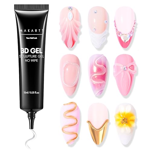 Makartt 3D Nail Sculpting Gel: Clear No Wipe Formula for Embossed Nail Art, Chrome Powder & Rhinestones, Thick UV LED Cured Glue for DIY and Salon, 15ml - color: A01-Clear