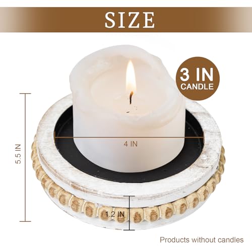 Candle Pedestal for Pillar Candle Set of 2, Rustic Round Beaded Risers Wood Tray, Farmhouse Wood Beaded Trayfor Tiered Tray, Candle, Mug Display Decorative, Table Centerpiece, Antique White - color: Antiquewhite, size: Set of 2