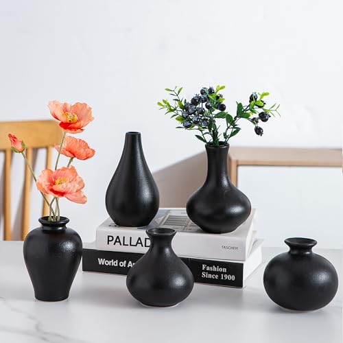 Black Ceramic Bud Vase Set of 5, Mini Vases for Flowers, Decorative Small Vases for Home Decor, Boho Wedding Centerpieces, Living Room, Dining Table & Shelf Decor - color: F-small Black Vase Set of 5