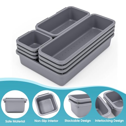 10 PCS Drawer Organizer Set, 4 Size Makeup Drawer Divider Organizer With Non-Slip Pads, Interlocking Plastic Storage Bins for Office,Jewelry Vanity,Gadgets, Bathroom,Kitchen, Grey - color: Grey, size: 10Pack