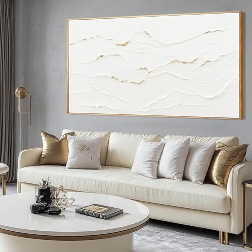 WINKAILIN Minimalist White and Gold Line Artwork with Frame Hand Painted Abstract Canvas Wave Wall Art for Bedroom Living Room Office 24"x48" - color: White and Gold, size: 48"L x 24"W