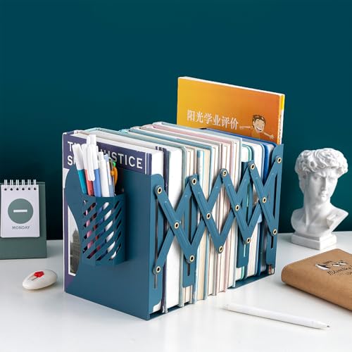 Adjustable Book Ends for Heavy Books, Metal Expandable Bookends for Shelves, Book Organizer Stopper Holder for Desk, Kids Room, Classroom, Office, Library (Blue) - color: Blue