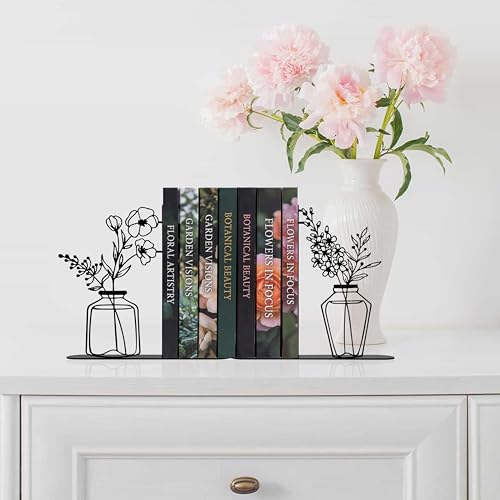 Cute Book Ends for Shelves - Decorative Flower & Vase Design, Heavy Duty Metal Bookends with Non-Slip Base - Novelty Gift for Book Lovers