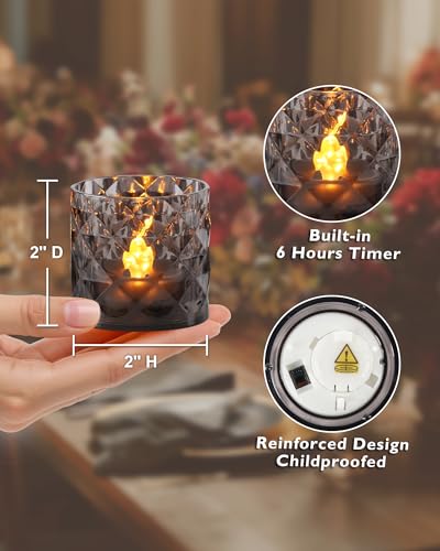Homemory 2" x 2" Acrylic Votive Candle Holders with Auto Timer Flameless Led Tealight, Battery Powered Fake Electric Candles for Wedding Centerpiece, Table, Christmas Decor (12Pack, Gray Base) - color: Gray, size: 12 Pack