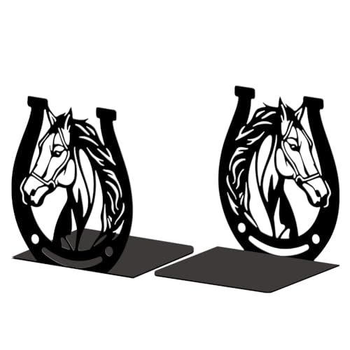 Peacoblue Metal Bookends for Shelves, Modern Decorative Heavy Duty Study Book Support Stoppers for Office, Desk, Shelf, Room 5.3"x4.3"x5.9" Cast Iron Simple Bookends, 1 Pair (Horses and Horseshoes) - style: Horses and Horseshoes