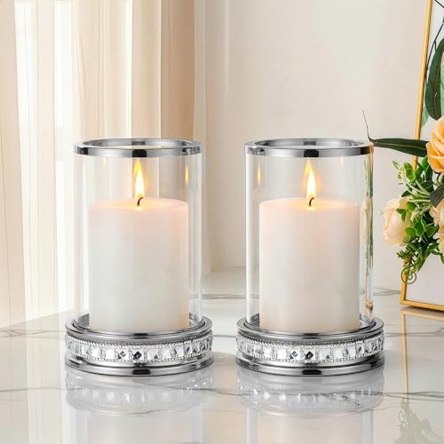 2pcs Hurricane Candle Holder, Pillar Candle Holders with Clear Glass Sleeve, Small Crystal Lantern for Fall Thanksgiving Christmas Holiday Dining Table Centerpiece (Silver) - color: Silver