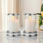 2pcs Hurricane Candle Holder, Pillar Candle Holders with Clear Glass Sleeve, Small Crystal Lantern for Fall Thanksgiving Christmas Holiday Dining Table Centerpiece (Silver) - color: Silver