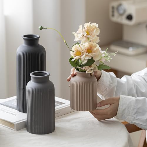 Large Modern Ceramic Vase Set, Black Ribbed Matte Finish, 3-Piece Decorative Vases for Home Living Room Office, 10 inch Tall, 4 inch Width (XL Black Mix) - color: XL Black Mix