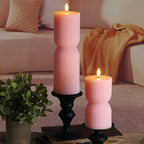 Pink Ribbed Flameless Pillar Candles with Remote, Flickering LED Candles Battery Operated Real Wax Set of 2 - color: Pink