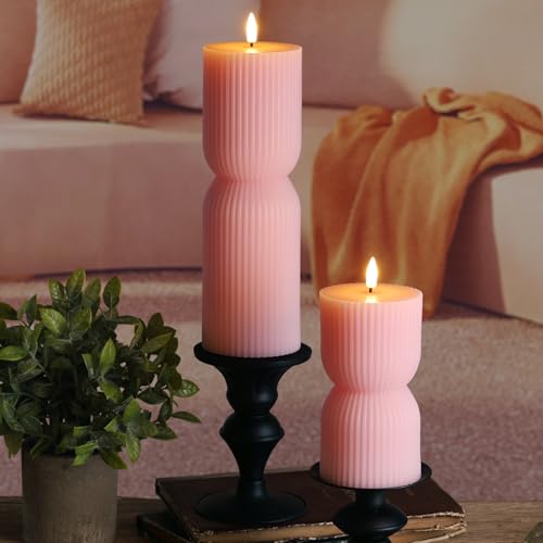 Pink Ribbed Flameless Pillar Candles with Remote, Flickering LED Candles Battery Operated Real Wax Set of 2 - color: Pink