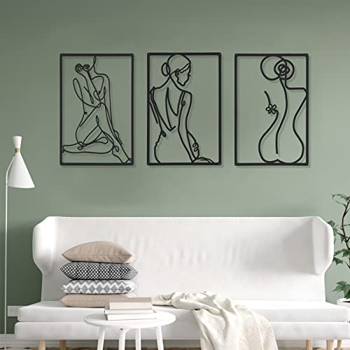 CHENGU 3 Pieces Metal Minimalist Abstract Woman Wall Art Line Drawing Wall Art Decor Single Line Female Home Hanging for Kitchen Bathroom Living Room - style: Elegant Style