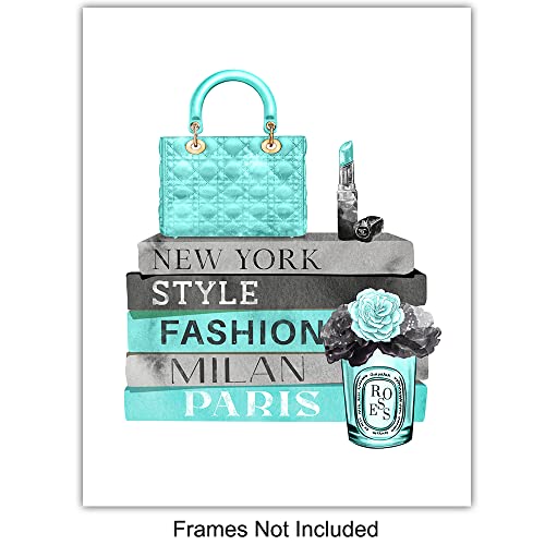 Blue Glam Wall Art - Designer Perfume, Shoes, Handbags - High Fashion Design Gift for Fashionista - Luxury Couture Wall Decor Poster Print Picture Set for Women, Girls Bedroom, Teens Room - size: 8x10