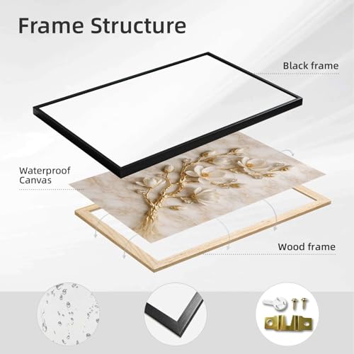 Luxury White Magnolia Flower Wall Art Gold Branch Crystal Accents Elegant 3D Floral Sculpture for Living Room Bedroom Home Decor (Black Framed,12”LX16 W)