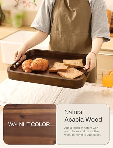 TIDITA Ottoman Tray for Living Room – 17"x13" Rectangle Serving Tray with Handles – Acacia Wooden Tray for Coffee Table, Living Room, Breakfast in Bed – Decorative Trays for Ottoman (Walnut Color) - color: Walnut Color, size: 17" x 13" x 2"