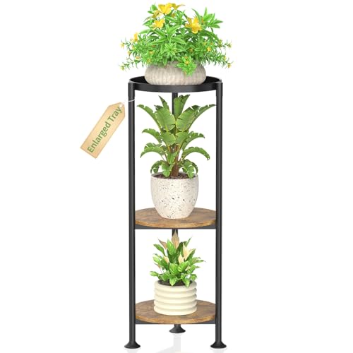 KMOTASUO 3 Tier Black Plant Stand Indoor for Large Tall Heavy Duty Planter, Multiple Sturdy Metal Flower Corner Rack for Narrow House Floor, Iron Vertical Level Round Orchi Holder Organizer, Modern - color: Black + Brown, size: 3 Tier