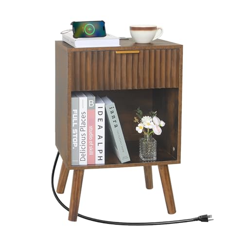 Fultyle Mid Century Modern Nightstand with Charging Station, Modern Bedside Table with Fluted Drawer and Storage Shelf, End Side Tables Living Room for Bedroom, Office (Rustic Brwon) - color: Rustic Brown With Charging Station
