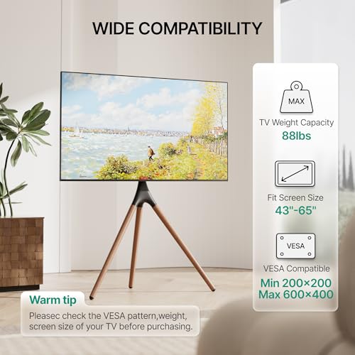 Artistic Easel TV Stand for 43-65 Inch TVs, 180° Swivel Tripod TV Stand up to 88 lbs, Floor TV Mount with Cable Management for Bedroom, Living Room and Corner, Max VESA 600x400mm, Black Walnut
