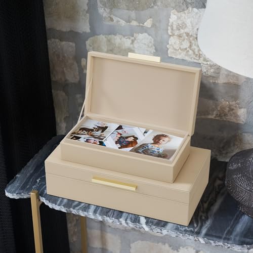 ZICOTO Decorative Storage Boxes with Lids – Set of 2 Beautiful PU Leather Organizer Bins for Your Bookshelf Home Decor - Safely Store Photos, Documents and Memory Box Keepsakes in Style - color: Beige