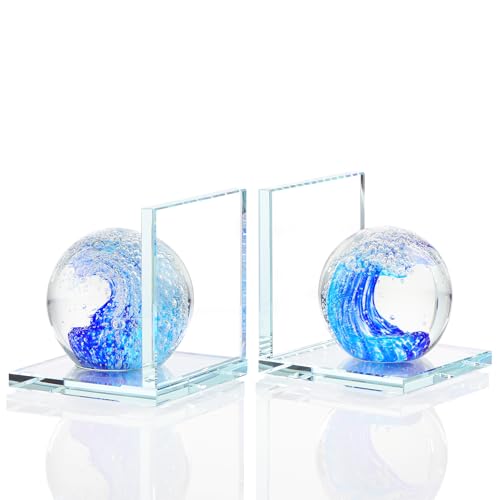 Arikyrist 1 Pair Crystal Bookends for Heavy Books with Hand Blown Ocean Waves Ball Glass Decorative Non Skid Bookends for Bookshelf Office Home (Blue) - color: Blue