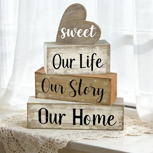 4 Pcs Farmhouse Tabletop Decor Rustic Wooden Block Set for Kitchen Shelf Mantel Family Home Warm Heart Sign Housewarming Gift - style: Home