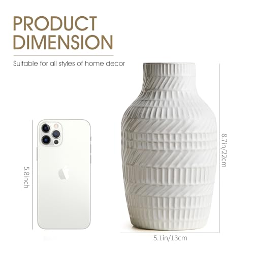 Modern White Ceramic Vase, Boho Flower Vases for Decor, 5.1" W x 8.7" H Modern Vase with Textured Pattern Table Centerpiece for Living Room Office Bedroom (White Vase)