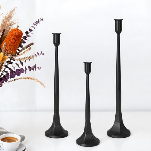 Set of 3 Taper Candle Holders, Cast Iron Candlestick Holders Tall for Wedding, Dining Table, Halloween & Fall Decor, Home Decoration (Black, 12" 14" 15.5") - color: Black
