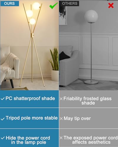 3 Globe Dimmable Tripod Floor Lamp, Mid Century Standing Lamps with 3Pcs 3000K Bulbs Included, Modern Tall Lamp for Living Room Bedroom Office-Gold - color: 3 Globe-Gold Tripod