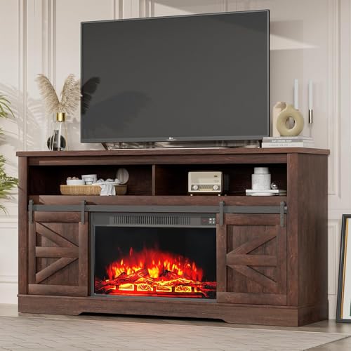 YESHOMY Fireplace TV Stand for Television up to 65+ Inch with Storage and Farmhouse Sliding Barn Doors, Entertainment Center with Cabinet and Shelves, Media Console for Living Room, Dark Brown - color: Dark Brown, style: Sliding Barn Doors Fireplace TV St